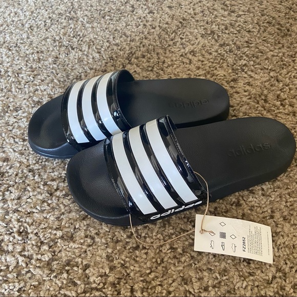 adidas | Shoes | Shiny Black And White Adidas Slides | Poshmark